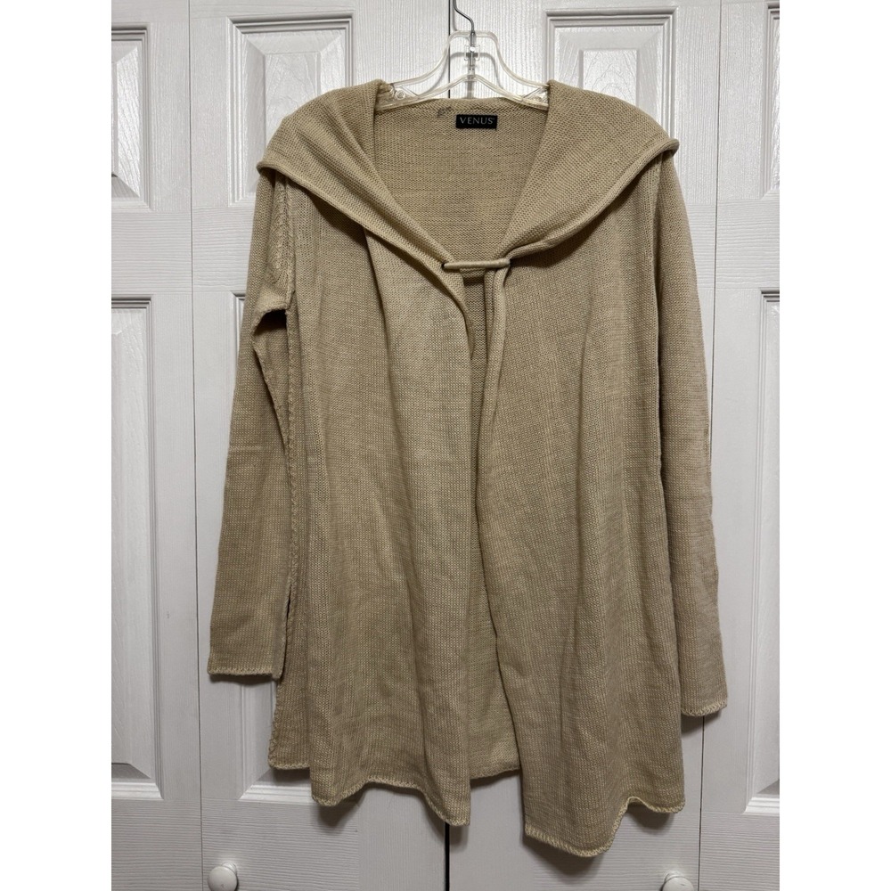 Venus Hooded Shawl Drape Collar Open Cardigan Sweater Rolled Hem S Beige Pin